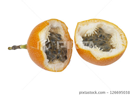 Granadilla. Whole yellow passion fruit and half isolated on white background 126695038