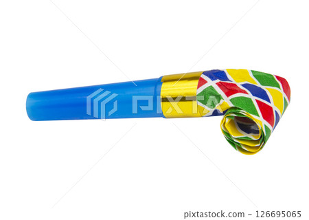 Party blower horn noisemaker rolled for birthday isolated on the white background Party blower horn noisemaker rolled for birthday isolated on the white background 126695065