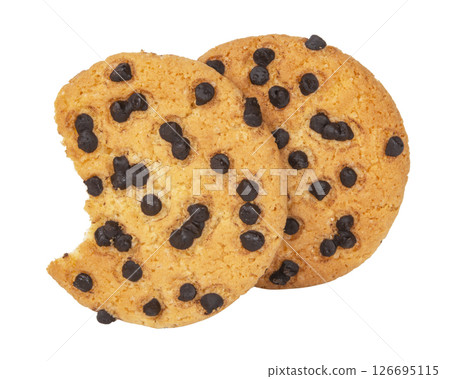 Isolated clipping path of die cut dark chocolate chip cookies piece stack and crumbs on white background of closeup tasty bakery organic homemade American biscuit sweet dessert 126695115