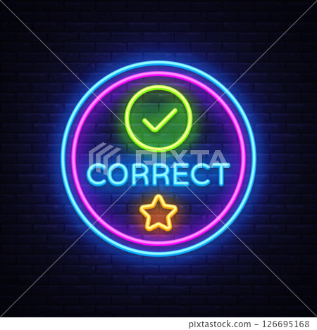 Correct answer neon badge. Vector illustration with glowing check mark and text CORRECT inside a colorful circle on dark wall. Ideal for quizzes, apps, and game UI Correct answer neon badge. Vector illustration with glowing check mark and text CORRECT inside a colorful circle on dark wall. Ideal for quizzes, apps, and game UI 126695168