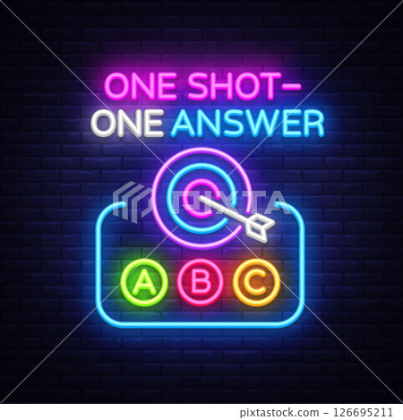 Quiz neon sign with question options. Vector illustration with glowing text ONE SHOT ONE ANSWER and ABC buttons on dark background. 126695211
