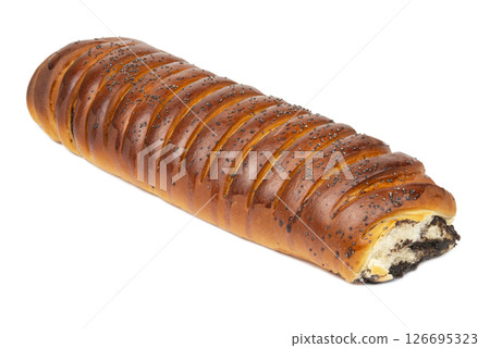 Baked poppy seed strudel product isolated on the white background Baked poppy seed strudel product isolated on the white background 126695323