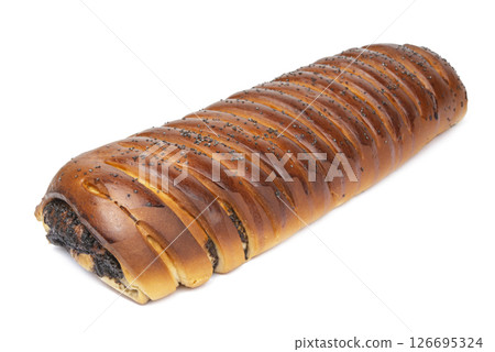 Baked poppy seed strudel product isolated on the white background Baked poppy seed strudel product isolated on the white background 126695324