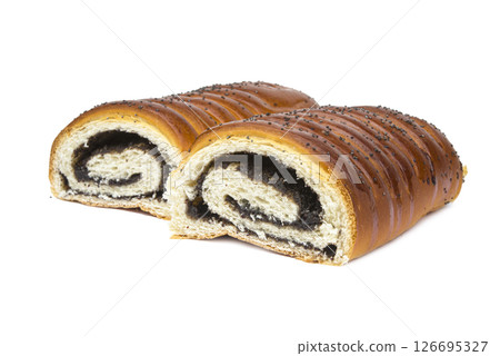 Baked poppy seed strudel product isolated on the white background 126695327