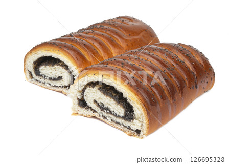 Baked poppy seed strudel product isolated on the white background 126695328