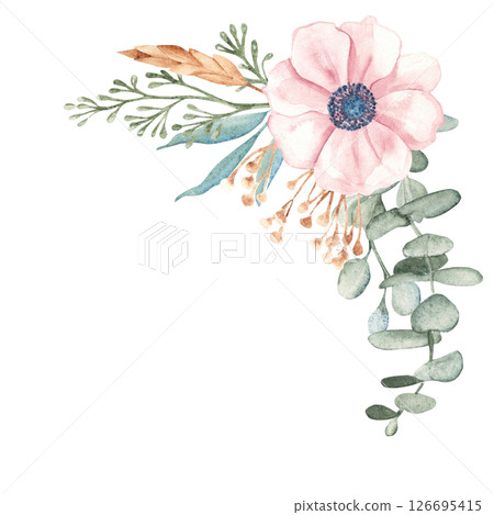 Anemone Bouquet with Eucalyptus Branches, Dry yellow Tansy and Spikelets of Wheat or Rye. Watercolor Hand drawn floral corner composition on a white background. For greeting birthday, wedding 126695415