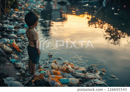 Young boy standing by polluted water, observing the sunset over a littered riverbank 126695543