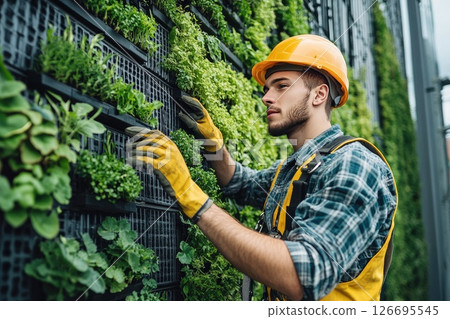 Young man in yellow hard hat tending to vertical garden with lush greenery and plants Young man in yellow hard hat tending to vertical garden with lush greenery and plants 126695545