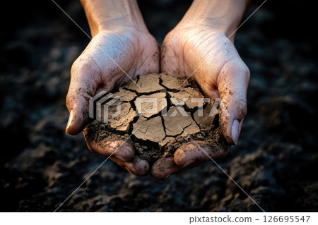 Hands holding cracked earth symbolizing drought and environmental challenges in nature Hands holding cracked earth symbolizing drought and environmental challenges in nature 126695547