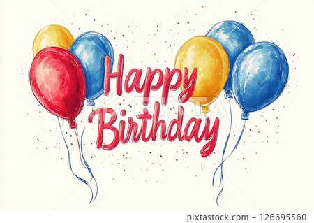 Colorful balloons with festive text celebrating a joyful birthday occasion in a cheerful design 126695560