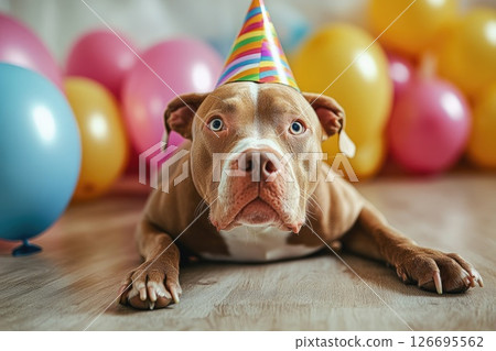 Playful dog wearing a party hat surrounded by colorful balloons in a festive atmosphere Playful dog wearing a party hat surrounded by colorful balloons in a festive atmosphere 126695562