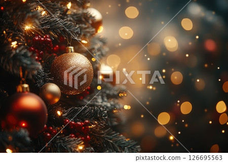 Christmas tree adorned with golden ornaments and twinkling lights creating a festive atmosphere Christmas tree adorned with golden ornaments and twinkling lights creating a festive atmosphere 126695563