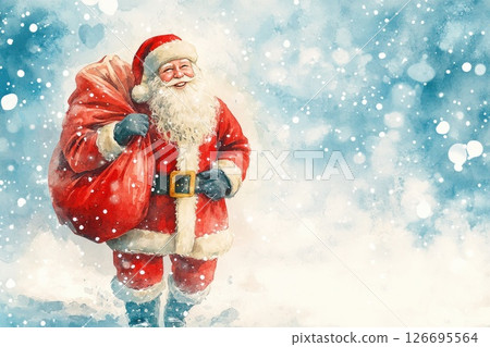 Santa Claus illustration in snowy landscape with festive atmosphere and cheerful expression Santa Claus illustration in snowy landscape with festive atmosphere and cheerful expression 126695564