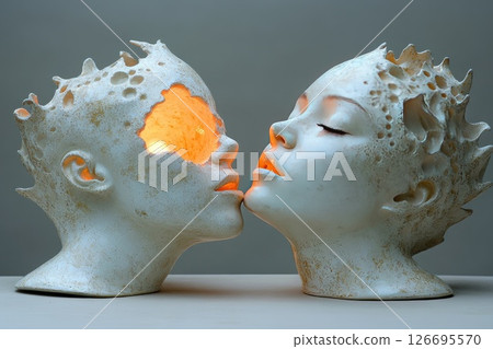 Artistic ceramic sculptures of two faces in a tender kiss with glowing interior light Artistic ceramic sculptures of two faces in a tender kiss with glowing interior light 126695570