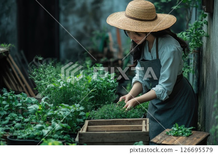 Woman in straw hat tending to herbs in a lush garden surrounded by wooden crates and greenery 126695579
