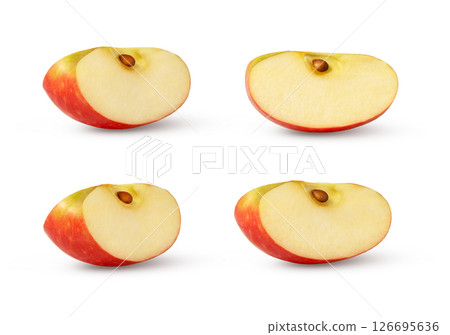 Red apple slice isolated. Set of cut apples on white background. Pink apple piece with clipping path. 126695636