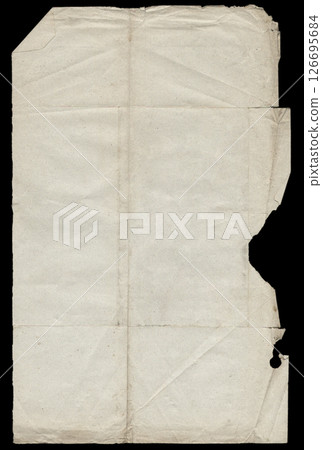 Old vintage torn creased paper sheet on black. Old vintage torn creased paper sheet on black. 126695684