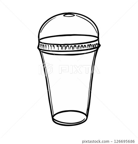A black and white line drawing of a disposable coffee cup with a lid. Plastic glass for cold lemonade. Cold drink to go outline drawing painted by black inks. Hand drawn vector illustration outline 126695686