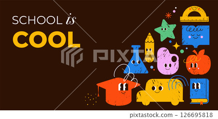School is Cool poster with funny hand drawn cartoon characters  126695818
