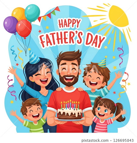 Father's day. Father, mother, sons and daughter. Handsome young man with beard holding cake with candles surrounded by family, hug, have fun, celebrate. Dad, mom and children laugh 126695843