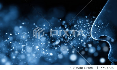 Close-up view of a human nose surrounded by floating particles illustrating allergies and their impact on respiratory health 126695880