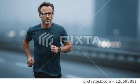 Engaged man in his 50s enjoys running outdoors for improved health and fitness in an urban setting 126695881