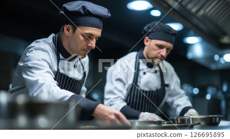 Two chefs collaborate in a modern kitchen to prepare a gourmet dish with precision and teamwork 126695895