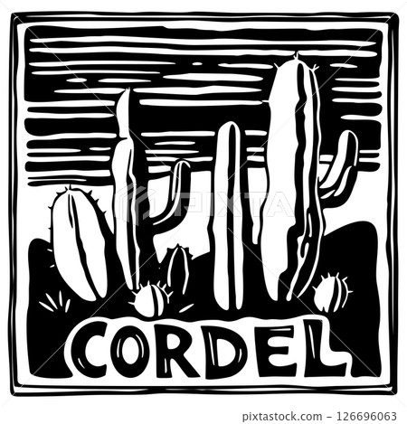 Brazilian cordel style. Cacti, succulents, and sky. Vector illustration with lettering. Woodcut style Brazilian cordel style. Cacti, succulents, and sky. Vector illustration with lettering. Woodcut style 126696063
