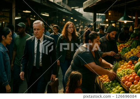 Bustling Urban Market with Diverse People Shopping Bustling Urban Market with Diverse People Shopping 126696084