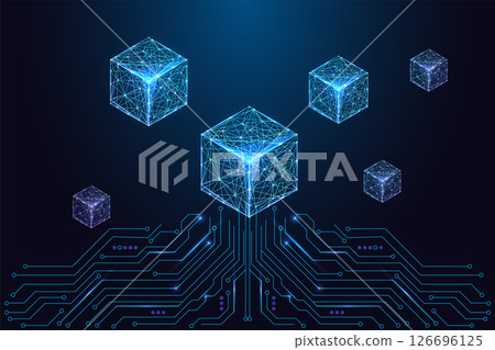 Floating digital cubes above circuit board, blockchain data, decentralized technology vector 126696125