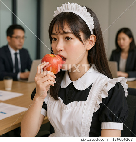 A maid eating an apple in a conference room 126696268