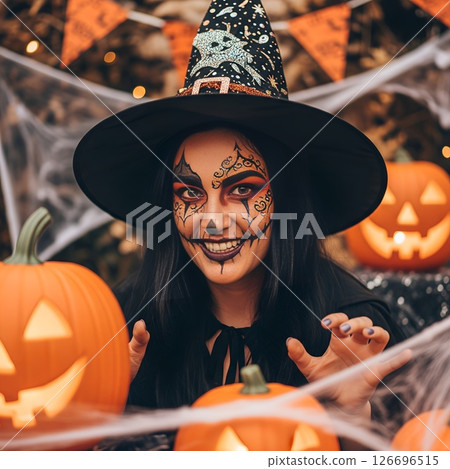Halloween party. Girl with face paint smiling in witch hat. Pumpkin lantern, orange garland, spiderwebs 126696515