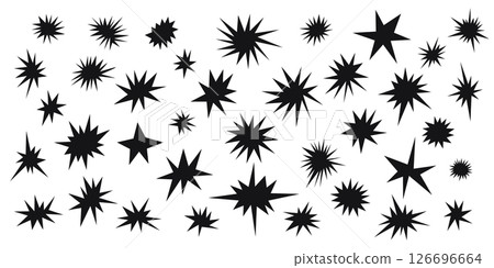 Hand drawn vector set of abstract black shine star shapes. Quirky doodle geometric vector sparkles and stars elements for graphic design, pattern, greeting cards, banner decoration, sticker 126696664