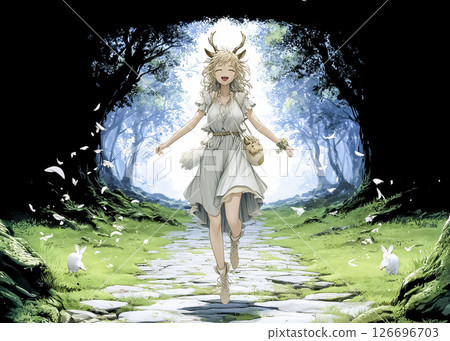 Illustration material of a moose fairy happily walking along a forest trail 126696703