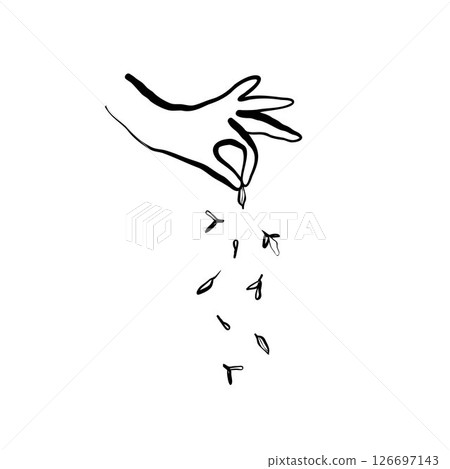 Hand sprinkling thyme or dried spices in minimal whimsical line style for culinary or packaging design Hand sprinkling thyme or dried spices in minimal whimsical line style for culinary or packaging design 126697143
