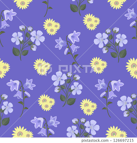 Seamless pattern with sunflowers, bellflowers and blackberry flowers Seamless pattern with sunflowers, bellflowers and blackberry flowers 126697215