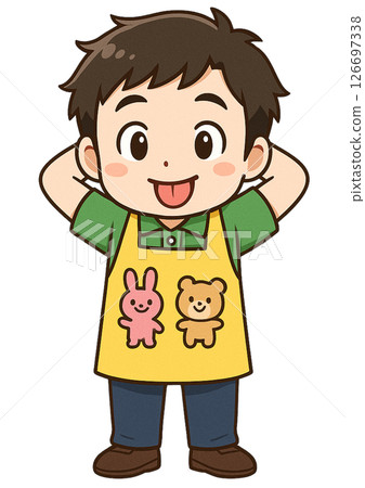 A male nursery teacher is embarrassed, sticking out his tongue and putting his hands behind his head 126697338