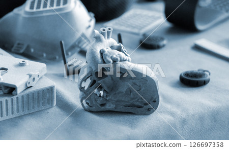 A prototype of a human heart in section printed on a 3D printer. An object created on a 3D printer from sintered plastic powder. New modern additive technologies. 3D Printing technology 126697358