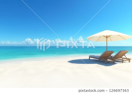 夏季海邊有遮陽傘和躺椅 夏季海邊有遮陽傘和躺椅 126697363