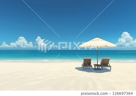 夏季海邊有遮陽傘和躺椅 夏季海邊有遮陽傘和躺椅 126697364
