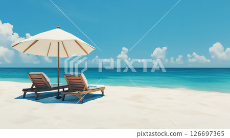 夏季海邊有遮陽傘和躺椅 126697365