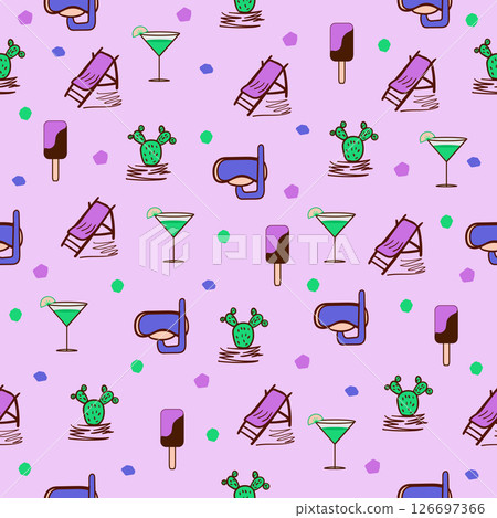 Elements of summer rest on violet background, seamless pattern Elements of summer rest on violet background, seamless pattern 126697366