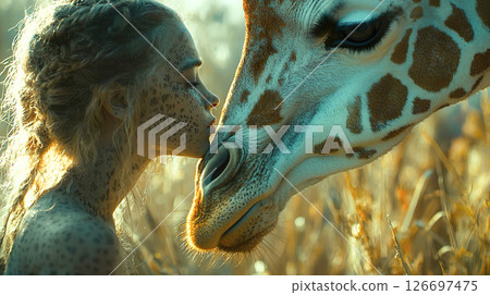 一位化著長頸鹿圖案妝容的女子正在親吻一隻長頸鹿 一位化著長頸鹿圖案妝容的女子正在親吻一隻長頸鹿 126697475