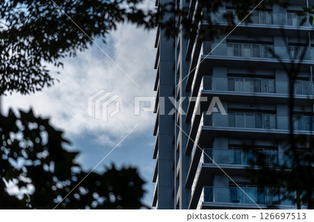 樹木、藍天白雲和高層公寓大樓 樹木、藍天白雲和高層公寓大樓 126697513