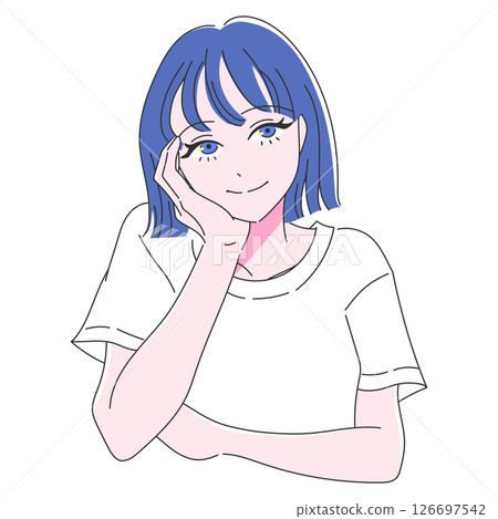Line drawing of a woman smiling and looking at something Line drawing of a woman smiling and looking at something 126697542