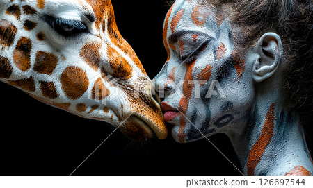 A woman wearing giraffe pattern makeup kissing a giraffe 126697544