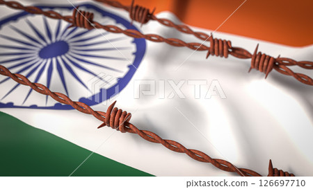 The India flag and Barbed wire image 3d Rendering. The India flag and Barbed wire image 3d Rendering. 126697710