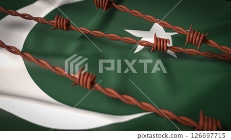The Pakistan flag and Barbed wire image 3d Rendering. The Pakistan flag and Barbed wire image 3d Rendering. 126697715