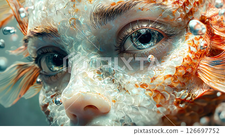 A close-up of the eyes of a face that resembles a human-fish hybrid 126697752