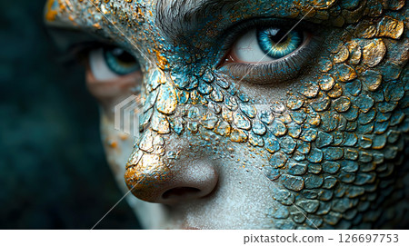 A close-up of the eyes of a face that resembles a human-fish hybrid 126697753